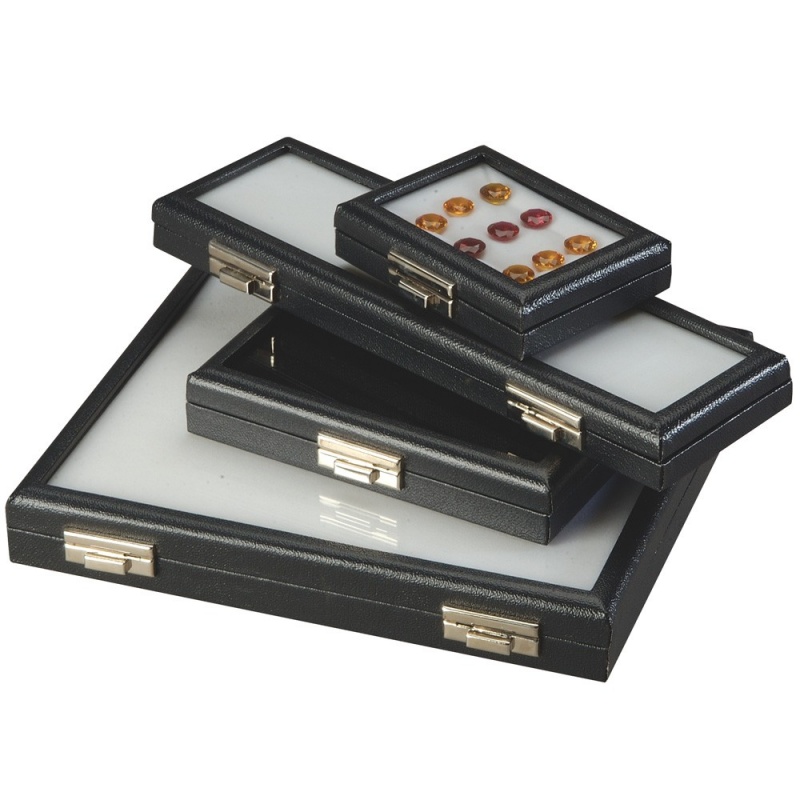 Glass-Top Black Wood Gem Boxes W/Reversible Flat-Foam Inserts & Lock