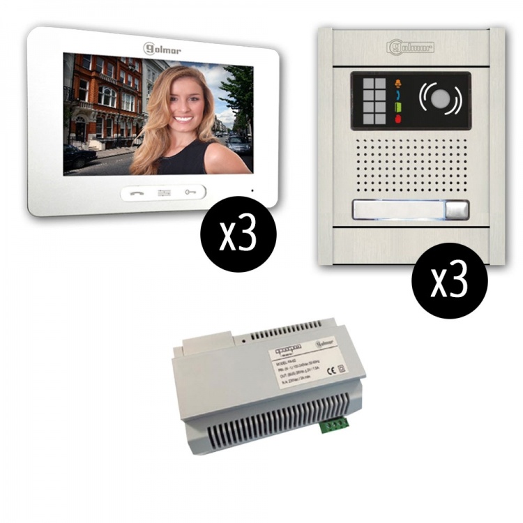 Gb2 Series: 1-Unit Touchscreen Video Entry Intercom Kit (3X3). Three 7.0" Touchscreen Monitors, Three Surface-Mounted Aluminum Entrance Panels (1-Button)