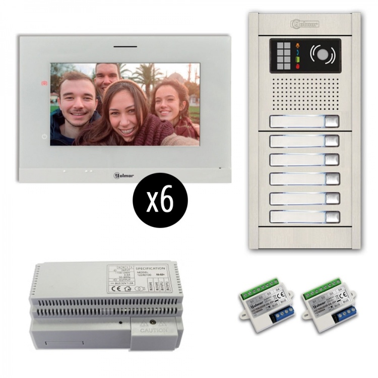 6-Unit Videointercom Kit-Al-Su. Incl. 6- Art7lite/G2 Monitors 6 Button Surface Alum. Door Camera Station & Power Equipt