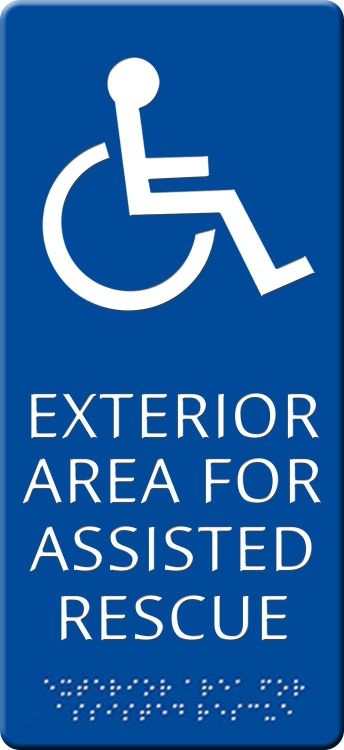 5"X 11" Braille Resc Wall Sign. Exterior Area For Assisted Rescue - Blue With White Lettering And Braille