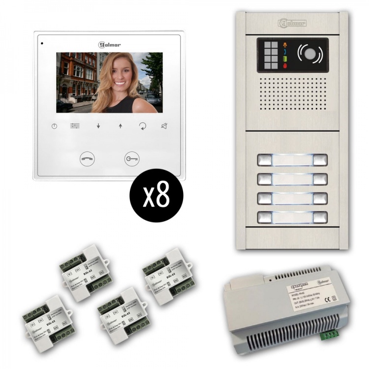 Gb2 Series: 8-Unit Color Video Entry Intercom Kit. Eight 4.3" Soft-Touch Monitors, Surface-Mounted Aluminum Entrance Panel (8-Button)