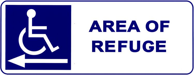 Area Of Refuge Sign-Left Arrow. White Pvc Plastic With Blue Lettering And 'Left' Arrow Comes With Double-Stick Tape