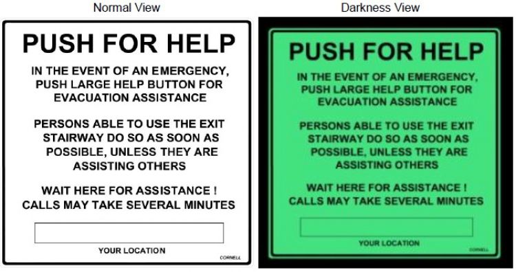 Instruction+Location Wall Sign. Photoluminescent Type - Glows In The Dark--Comes With Double Sided Tape For Wall Mounting