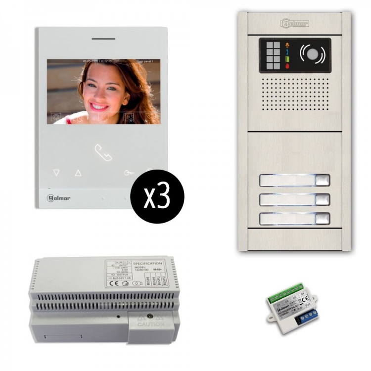 3-Unit Videointercom Kit-Al-Su. Incl. 3- Art4lite/G2 Monitors 3 Button Surface Alum. Door Camera Station & Power Equipt