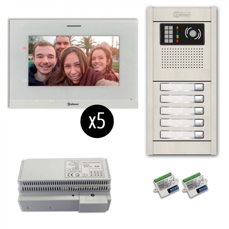 5-Unit Videointercom Kit-Al-Su. Incl. 5- Art7lite/G2 Monitors 5 Button Surface Alum. Door Camera Station & Power Equipt