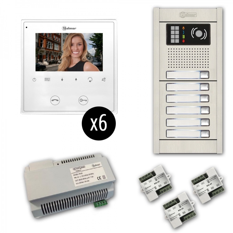 Gb2 Series: 6-Unit Color Video Entry Intercom Kit. Six 4.3" Soft-Touch Monitors, Surface-Mounted Aluminum Entrance Panel (6-Button)