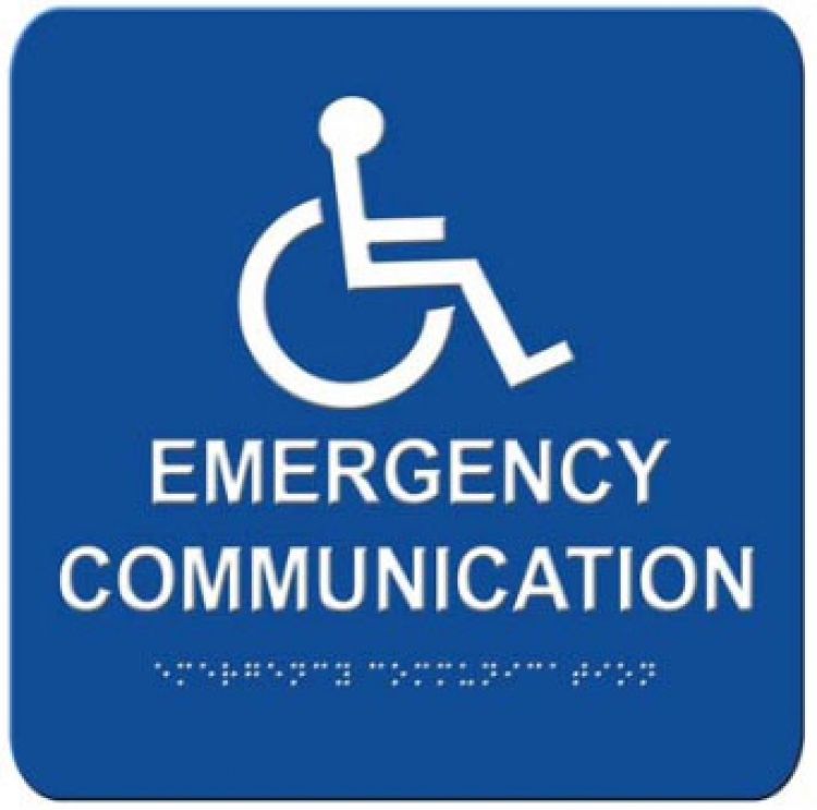 8"X 8" Emergency Communic Sign. Emergency Communication Sign Blue With Braille And Raised White Lettering