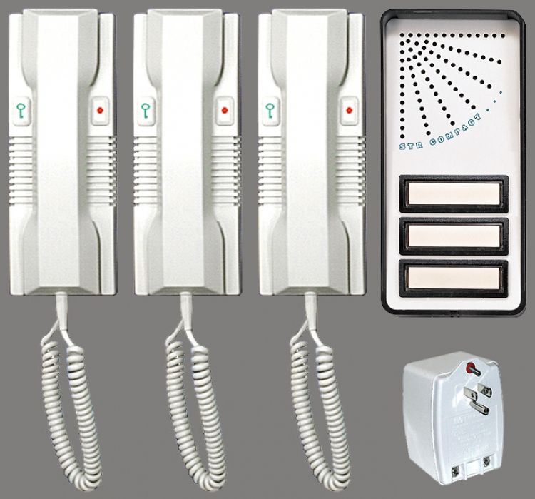 3-Handset Doorphone Kit-2 Wire. Includes 3-Button Surface Door Station/3-Handset Stations And System Plug-In Transformer