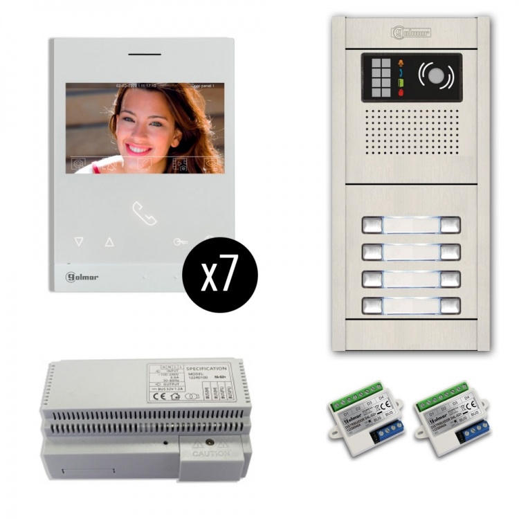 7-Unit Videointercom Kit-Al-Su. Incl. 7- Art4lite/G2 Monitors 8 Button Surface Alum. Door Camera Station & Power Equipt