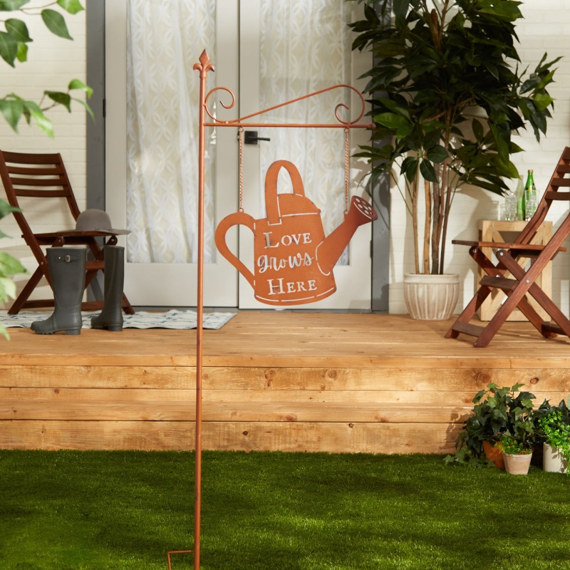 Love Grows Here Iron Garden Stake With Watering Can