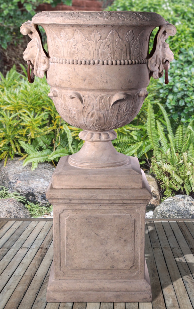 Large Lion Urn On Base Stone Cast