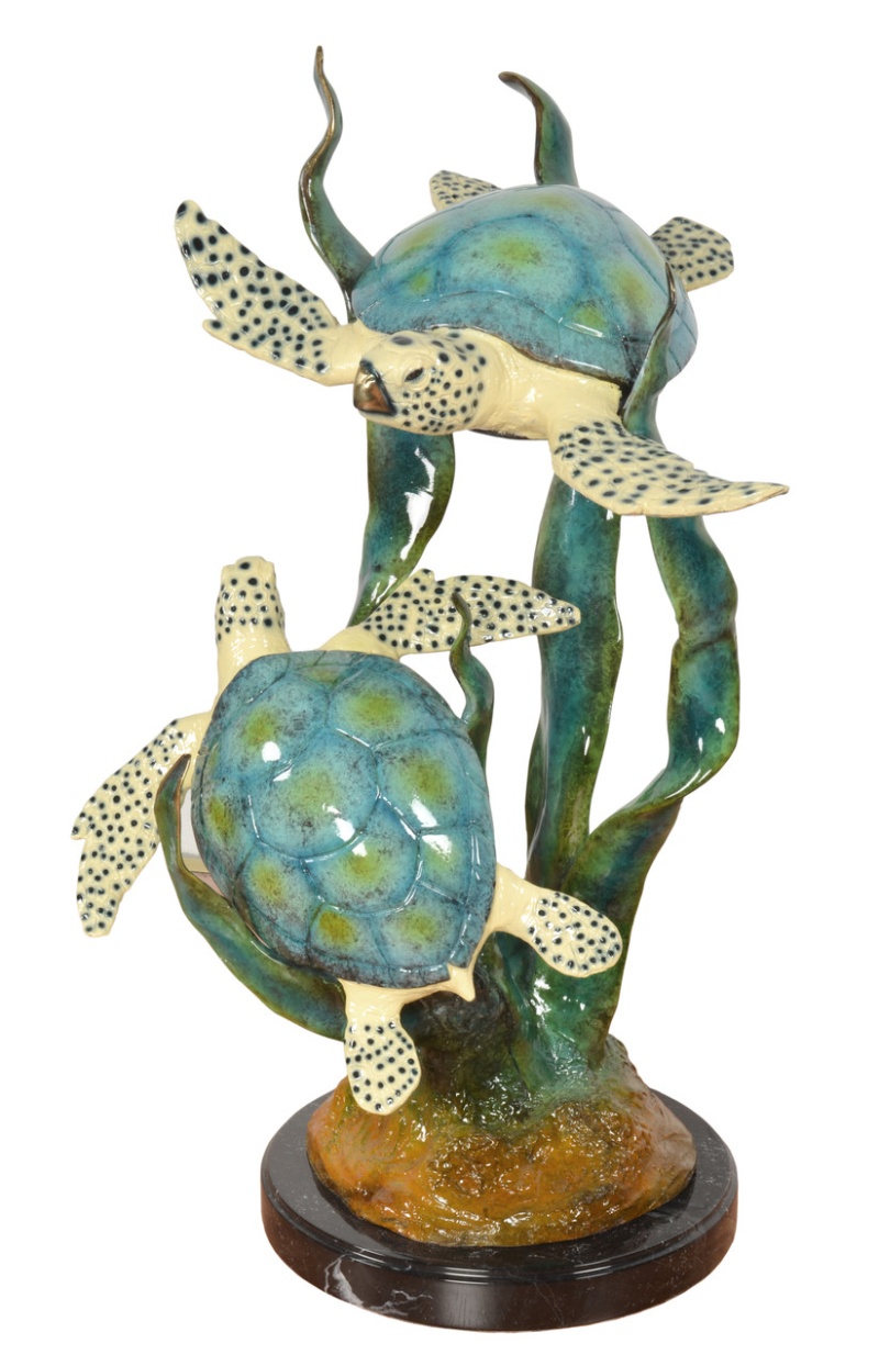 Two Turtles With Coral In Special Patina On Marble Base