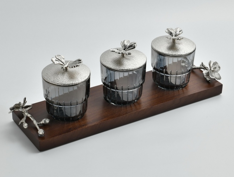 Silver Monarch Butterfly Jar Set with Wood Tray