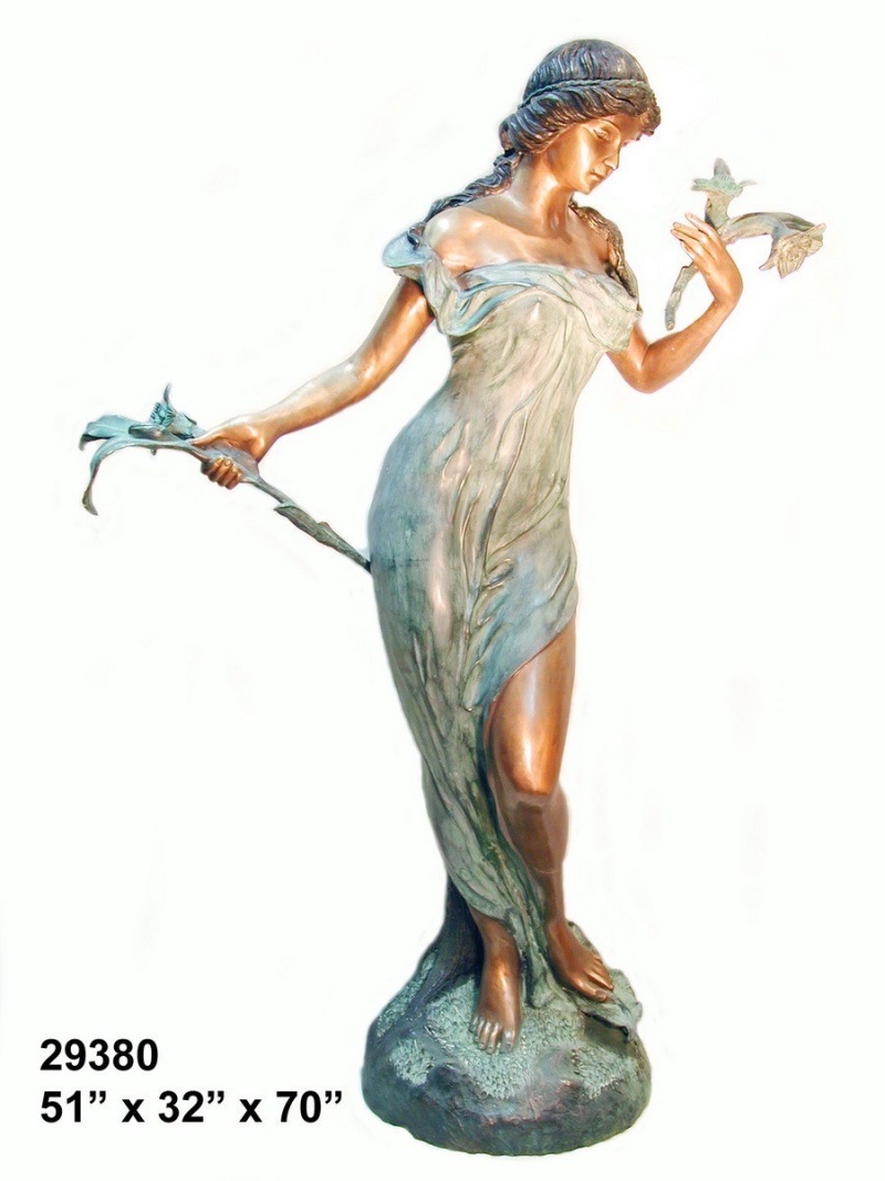 Bronze Lady Standing With Flower Fountain