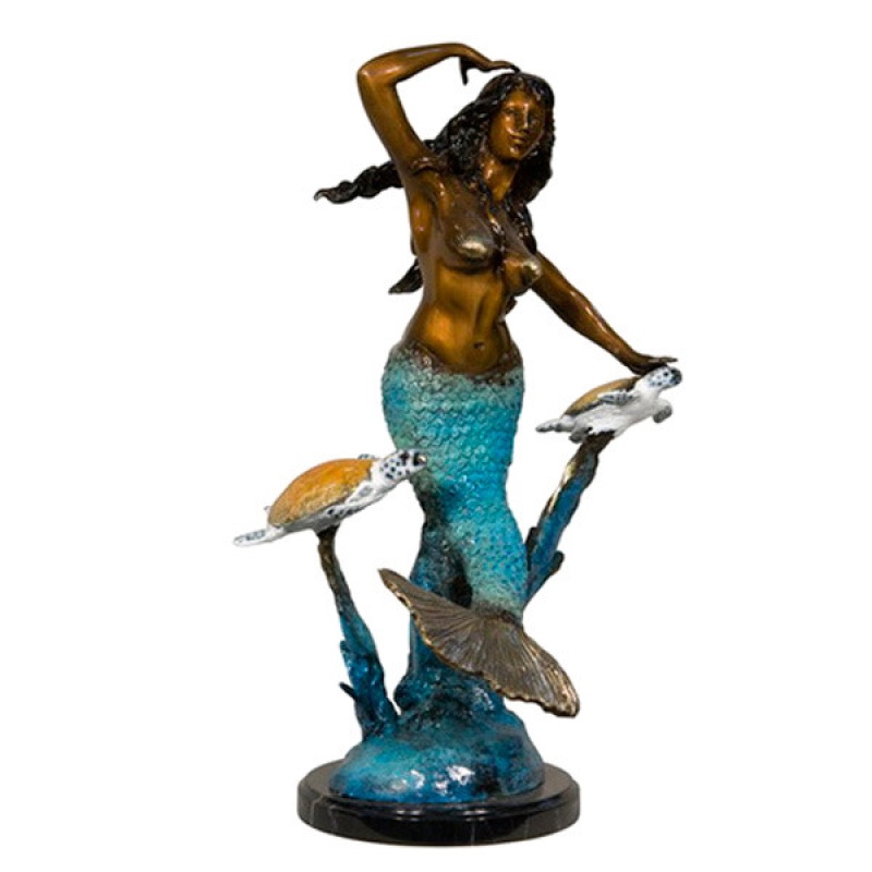 Mermaid With 2 Turtles On Marble Base In Special Patina