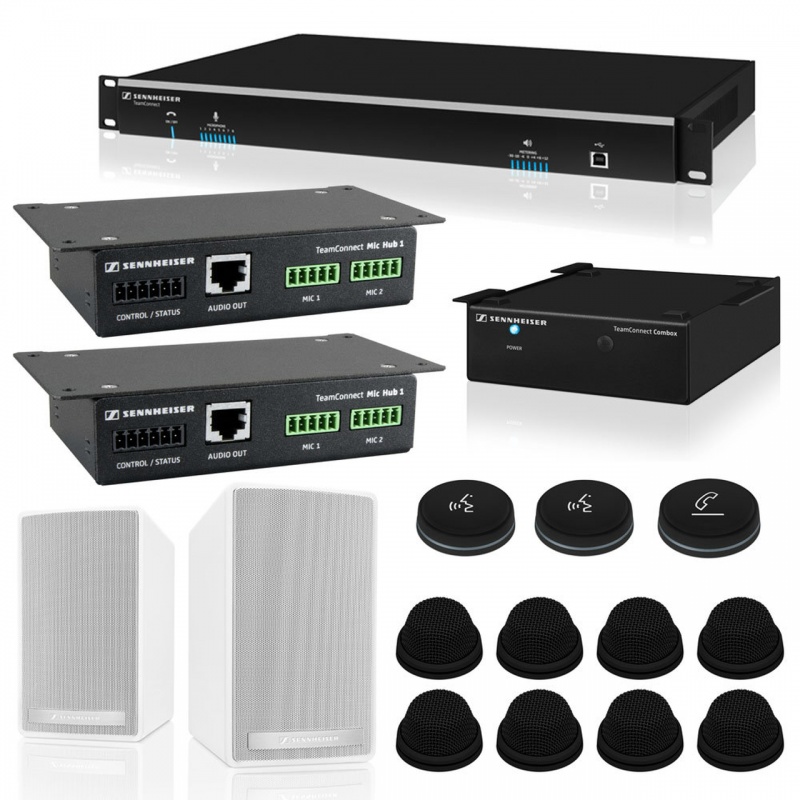 Sennheiser Teamconnect System Bundle Large For Fixed Applications With Up To (16) Participants. Includes: (1) Sl Teamconnect Cu1, (1) Sl Teamconnect Cb1, (2) Sl Mic Hub 1, (2) Sl Loudspeaker 52 A W, (8) Meb 104-L Tc B, (2) Mas 1-Tc B, (1) Mas 2-Tc b