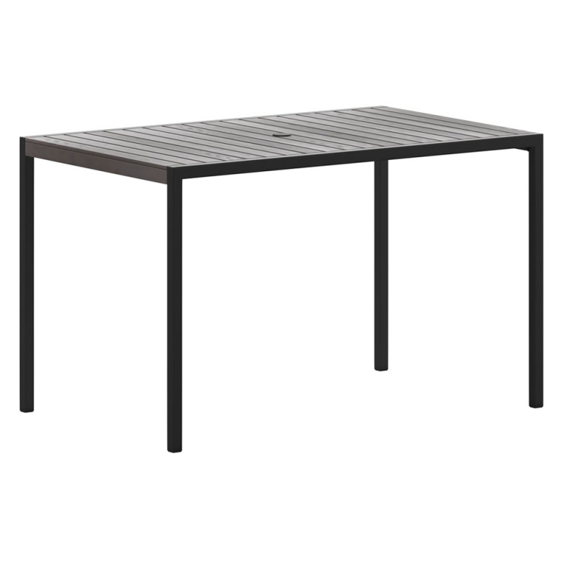 Lark Outdoor Dining Table With Synthetic Gray Wash Teak Poly Slats - 30" X 48" Steel Framed Restaurant Table With Umbrella Holder Hole