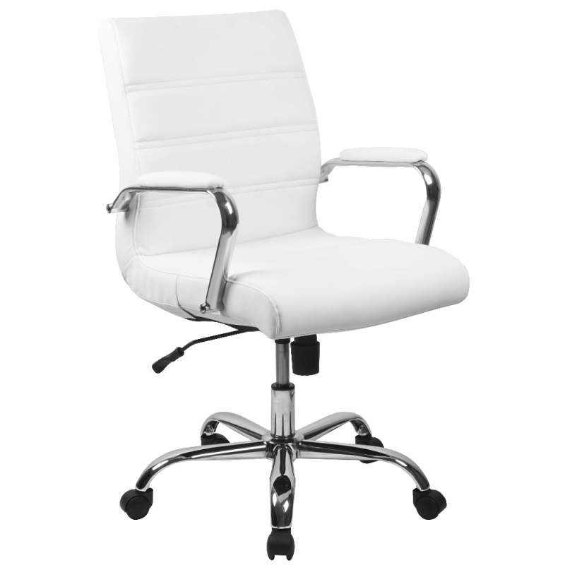 Whitney Mid-Back White Leathersoft Executive Swivel Office Chair With Chrome Frame And Arms