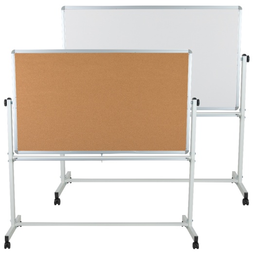Hercules Series 62.5"W X 62.25"H Reversible Mobile Cork Bulletin Board And White Board With Pen Tray