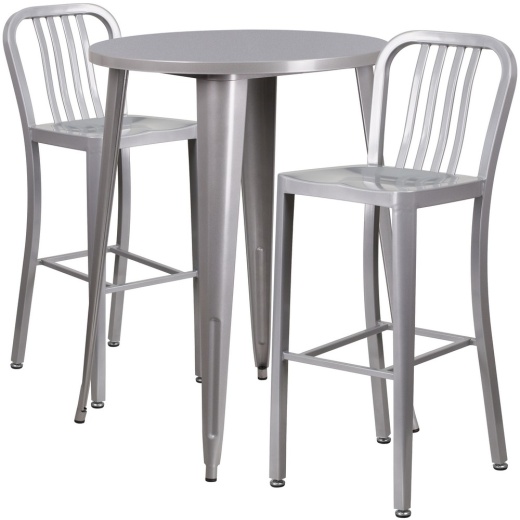 Brad Commercial Grade 30" Round Silver Metal Indooroutdoor Bar Table Set With 2 Vertical Slat Back Stools