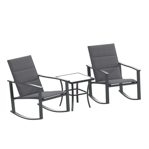 Brazos 3 Piece Outdoor Rocking Chair Bistro Set With Flex Comfort Material And Steel Framed Glass Top Table, Black/Black