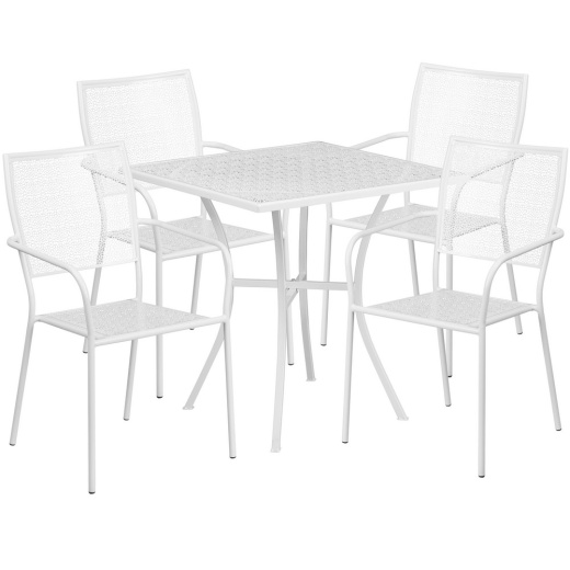 Oia Commercial Grade 28" Square White Indooroutdoor Steel Patio Table Set With 4 Square Back Chairs