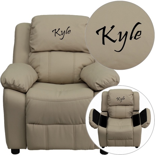 Personalized Deluxe Padded Beige Vinyl Kids Recliner With Storage Arms