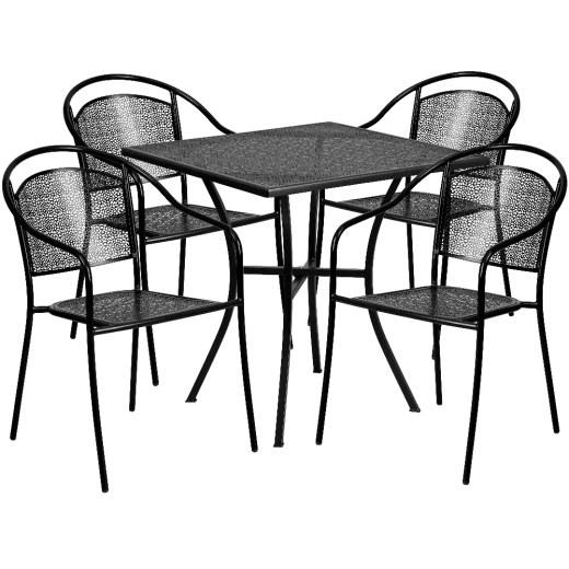 Oia Commercial Grade 28" Square Black Indooroutdoor Steel Patio Table Set With 4 Round Back Chairs