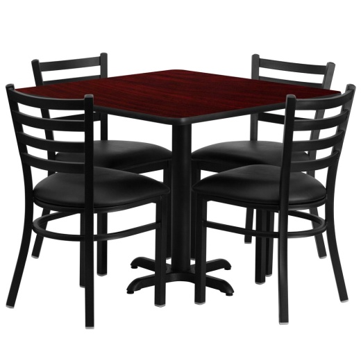 Carlton 36'' Square Mahogany Laminate Table Set With Xbase And 4 Ladder Back Metal Chairs Black Vinyl Seat
