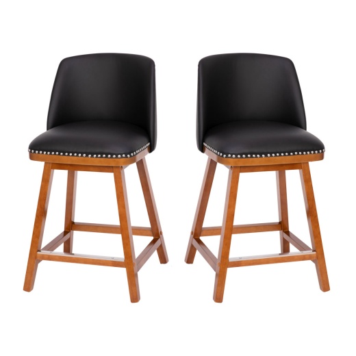 Julia Set Of 2 Transitional 24 Inch Leathersoft Upholstered Counter Stools With Silver Nailhead Trim And Walnut Finish Solid Wood Frames, Black