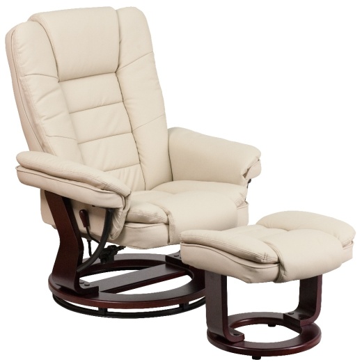 Bali Contemporary Multiposition Recliner With Horizontal Stitching And Ottoman With Swivel Mahogany Wood Base In Beige Leathersoft