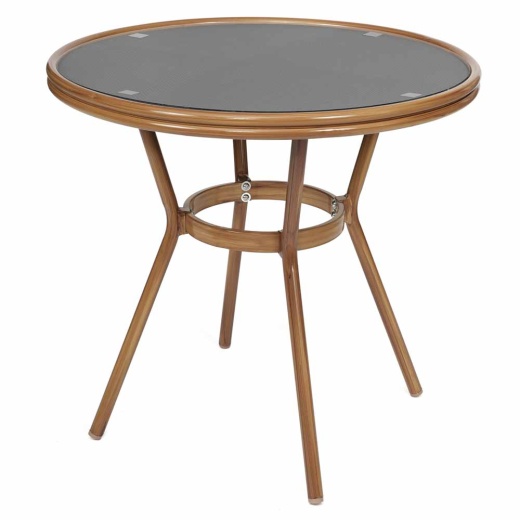 Marseille Indoor/Outdoor Commercial Bistro 31.5" Table, Black Textilene, Glass Top, Bamboo Print Aluminum Frame In Natural