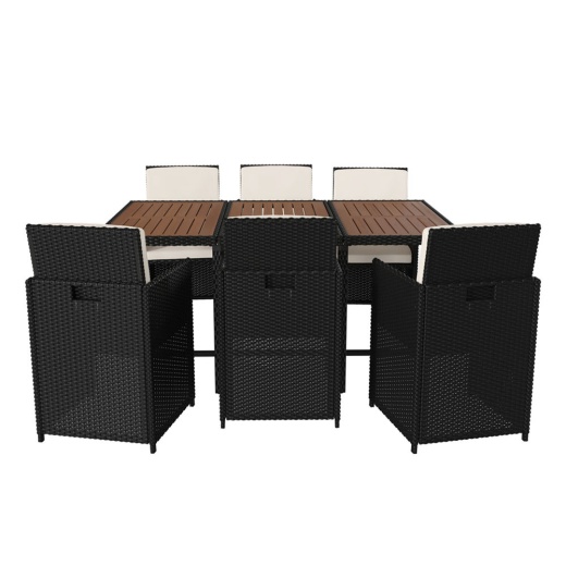 Peregrine 7 Piece Outdoor Patio Dining Set, Space Saving Black Wicker Modular Chairscream Cushions & Natural Acacia Wood Table Top