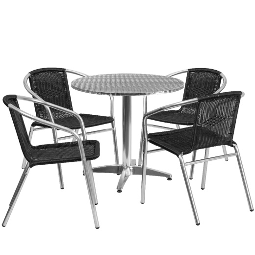 Lila 31.5'' Round Aluminum Indooroutdoor Table Set With 4 Black Rattan Chairs