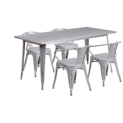 Fisher Commercial Grade 31.5" X 63" Rectangular Silver Metal Indooroutdoor Table Set With 4 Arm Chairs