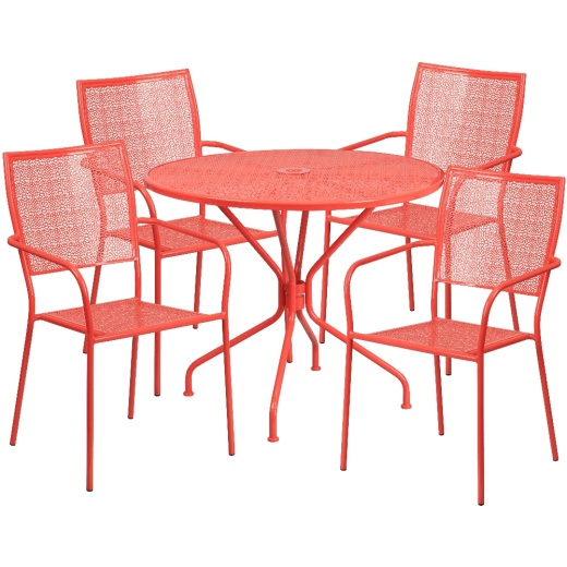 Oia Commercial Grade 35.25" Round Coral Indooroutdoor Steel Patio Table Set With 4 Square Back Chairs