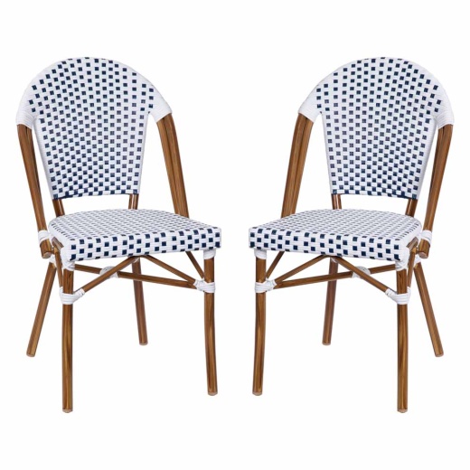 Lourdes Set Of 2 Indoor/Outdoor Commercial Bistro Stacking Chair, White/Navy Pe Rattan Back And Seat, Bamboo Print Aluminum Frame In Natural