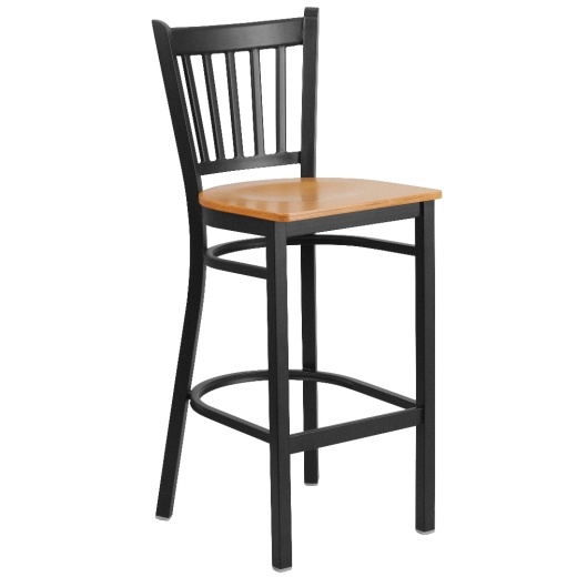 Hercules Series Black Vertical Back Metal Restaurant Barstool Natural Wood Seat
