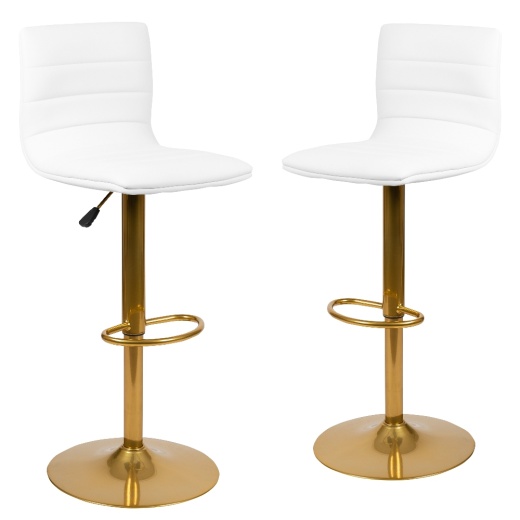 Vincent Modern White Vinyl Adjustable Bar Stool With Back, Counter Height Swivel Stool With Gold Pedestal Base, Set Of 2