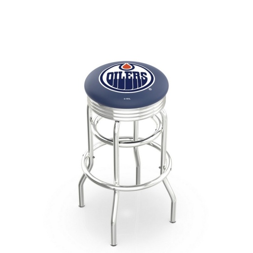 L7c3c Chrome Double Ring Edmonton Oilers Swivel Bar Stool With 2.5" Ribbed Accent Ring By Holland Bar Stool Company
