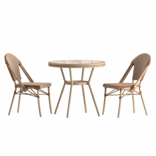 Lourdes Indoor/Outdoor Commercial Bistro 31.5" Table, Natural/White Pe Rattan, Glass Top With 2 Stack Chairs Light Natural