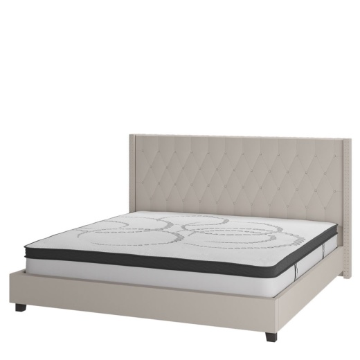 Riverdale King Size Tufted Upholstered Platform Bed In Beige Fabric With 10 Inch Certipurus Certified Pocket Spring Mattress
