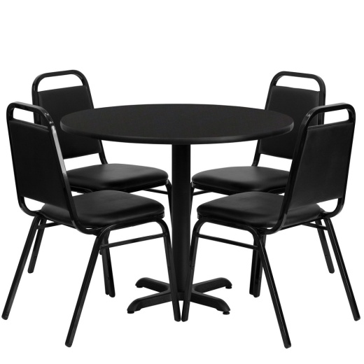 Carlton 36'' Round Black Laminate Table Set With Xbase And 4 Black Trapezoidal Back Banquet Chairs