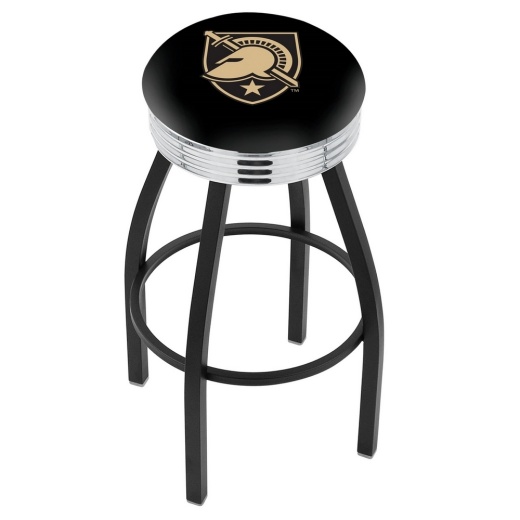 L8b3c Black Wrinkle Us Military Academy (Army) Swivel Bar Stool With Chrome 2.5" Ribbed Accent Ring By Holland Bar Stool Company