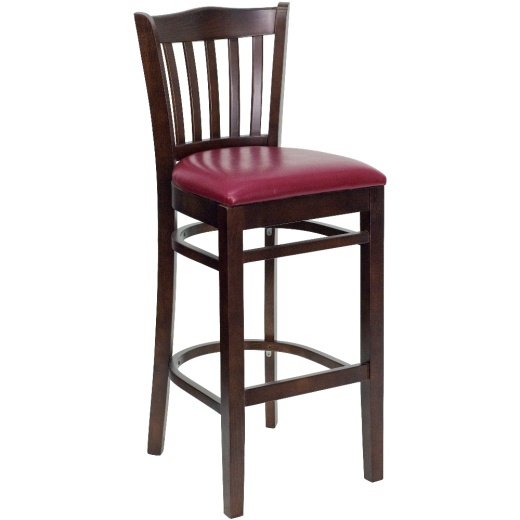 Hercules Series Vertical Slat Back Walnut Wood Restaurant Barstool Burgundy Vinyl Seat