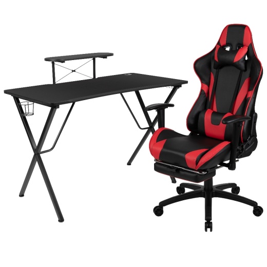 Black Gaming Desk And Red/Black Footrest Reclining Gaming Chair Set With Cup Holder, Headphone Hook, & Monitor/Smartphone Stand