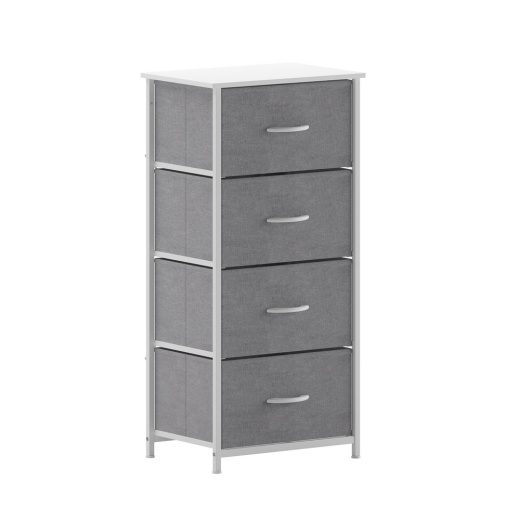 Harris 4 Drawer Vertical Storage Dresser With White Cast Iron Frame, White Wood Top And Gray Easy Pull Fabric Drawers With White Wooden Handles