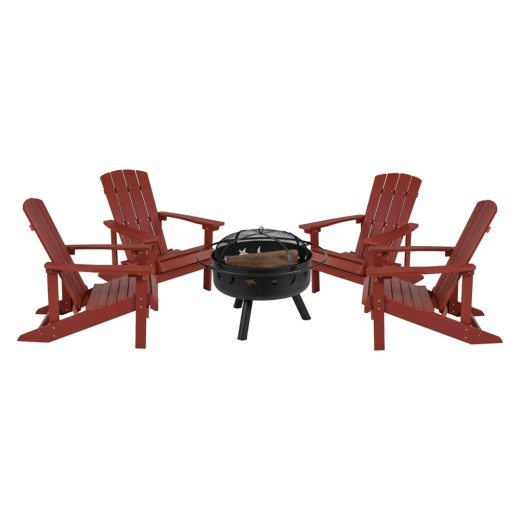 5 Piece Charlestown Red Commercial Poly Resin Wood Adirondack Chair Set With Fire Pit Star And Moon Fire Pit With Mesh Cover