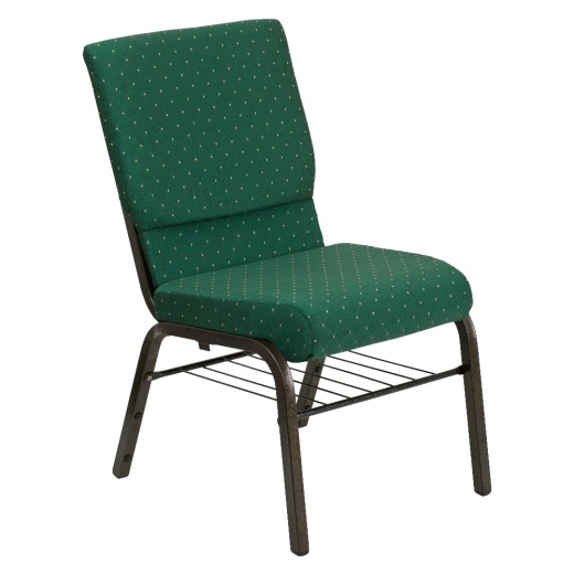 Hercules Series 18.5''W Church Chair In Green Patterned Fabric With Book Rack Gold Vein Frame