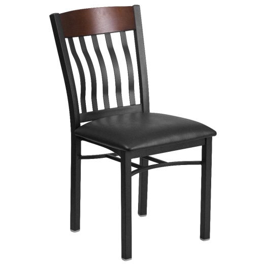 Eclipse Series Vertical Back Black Metal And Walnut Wood Restaurant Chair With Black Vinyl Seat